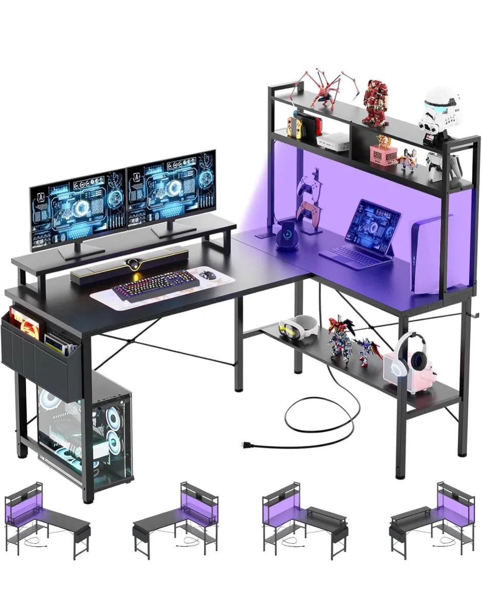 L Shaped Gaming Desk with Power Outlets & LED Ligh - Image 4