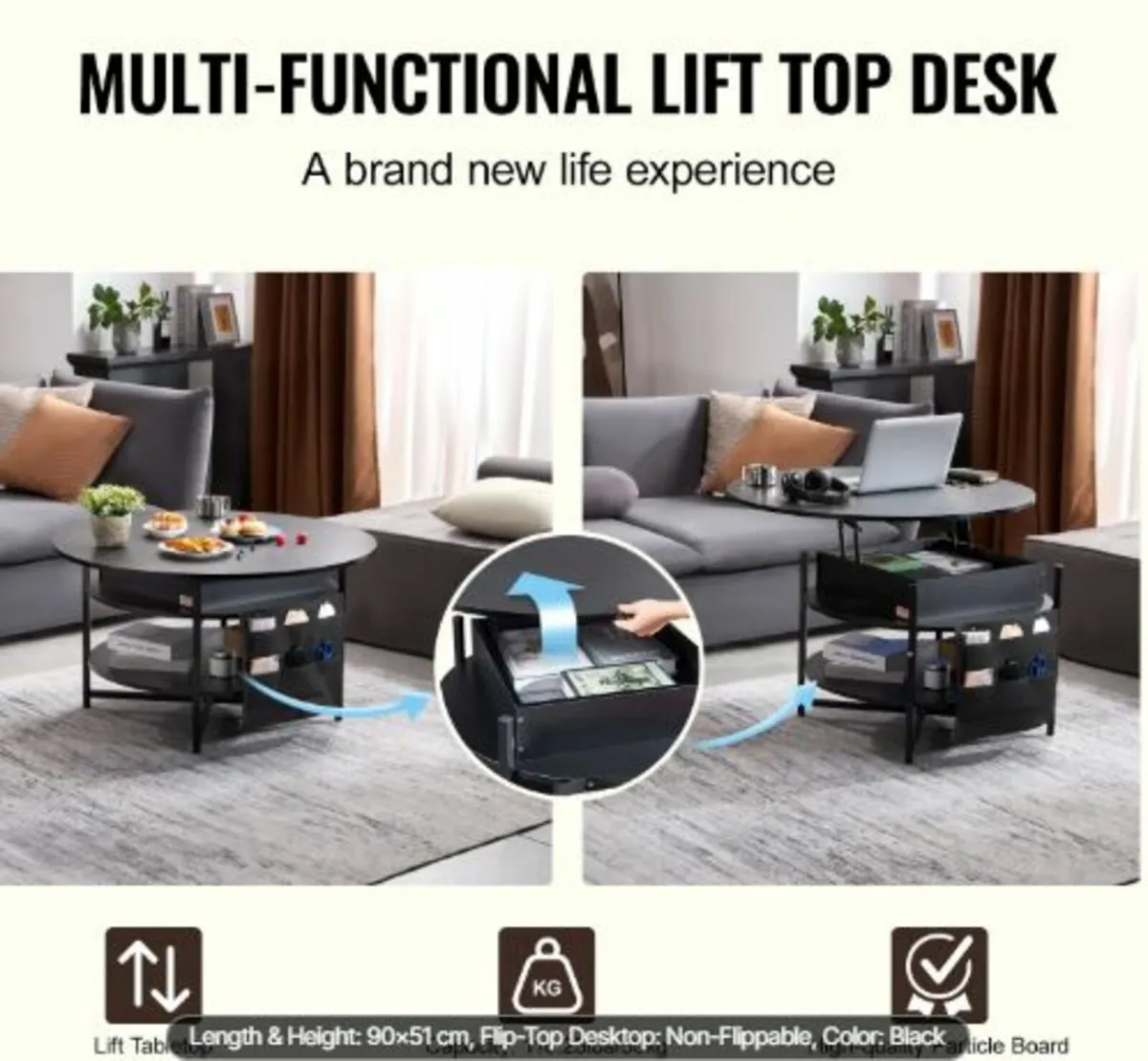 Lift Top Coffee Table, 35.3 in Round Coffee Table - Image 2