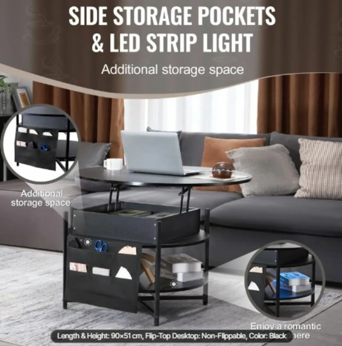 Lift Top Coffee Table, 35.3 in Round Coffee Table - Image 3