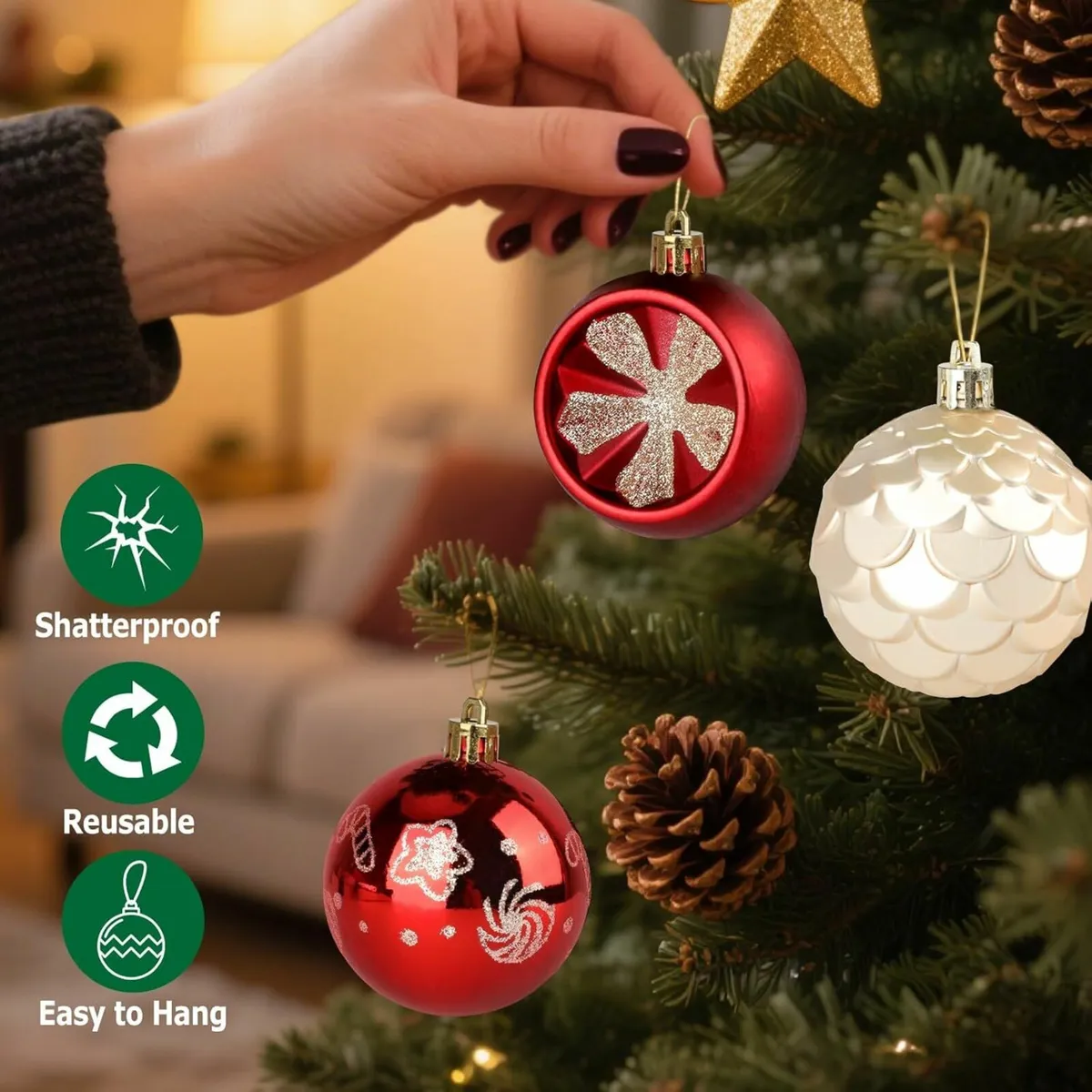 Christmas Tree Baubles, 40pcs 30-60mmRed & Gold - Image 2