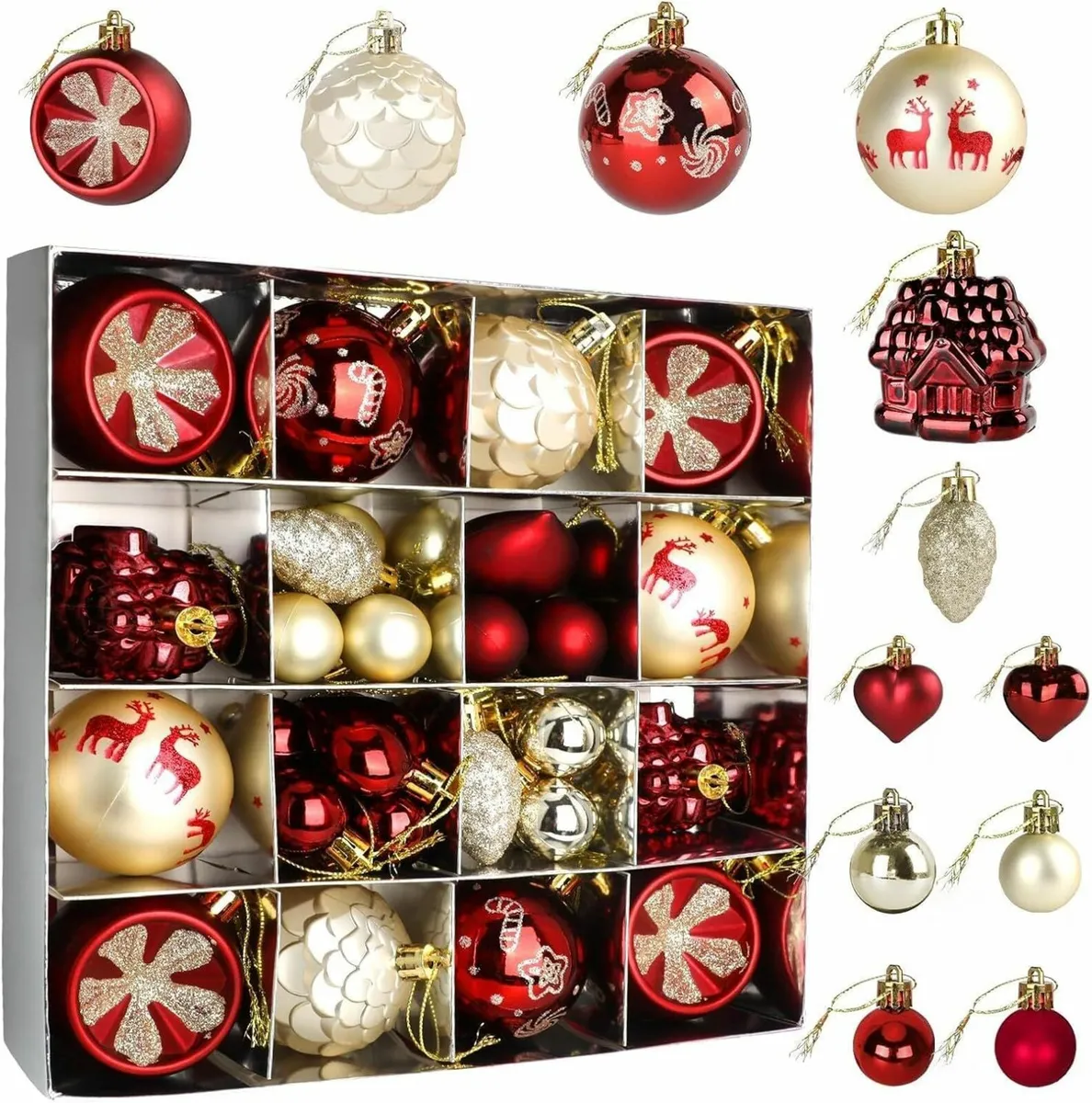 Christmas Tree Baubles, 40pcs 30-60mmRed & Gold - Image 1