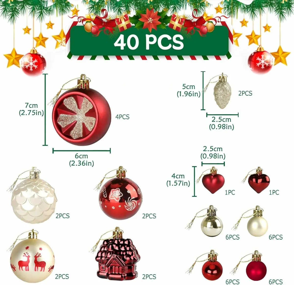 Christmas Tree Baubles, 40pcs 30-60mmRed & Gold - Image 4