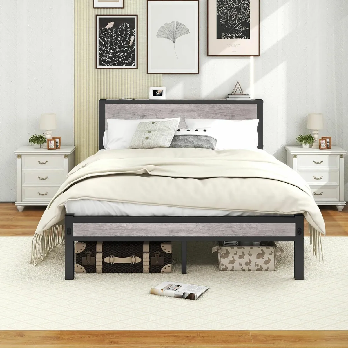 Grey Double Bed Frames Headboard 135x190cm - Image 1