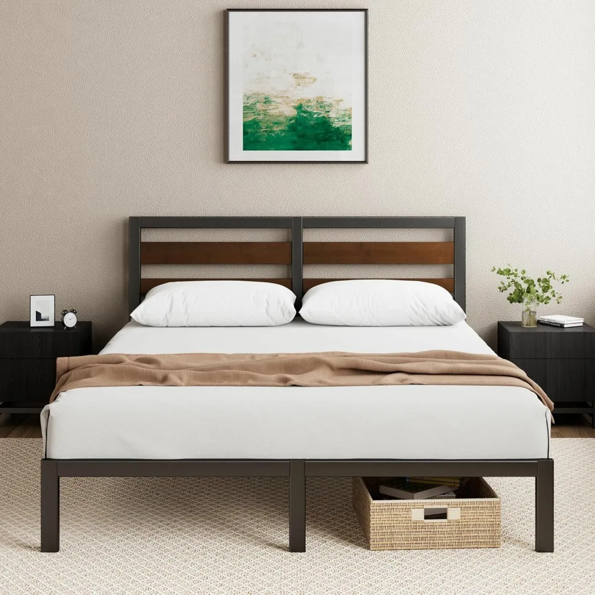 Brown Double Bed Frame Headboard 135x190cm - Image 1