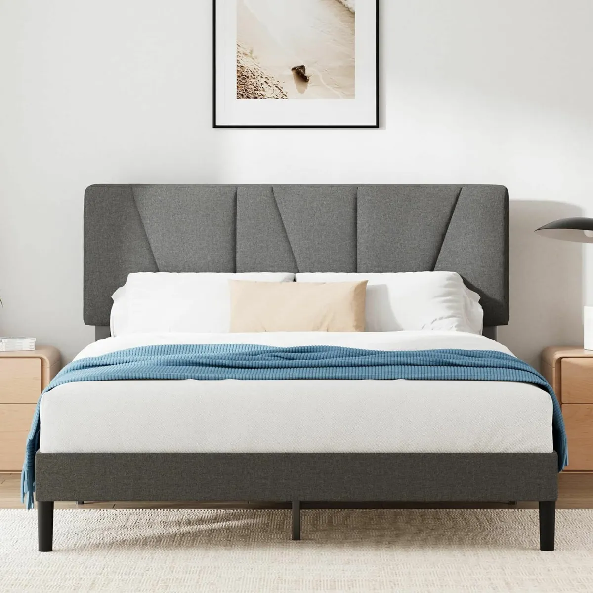 Double Bed Frame with Headboard 135x190cm Grey - Image 1
