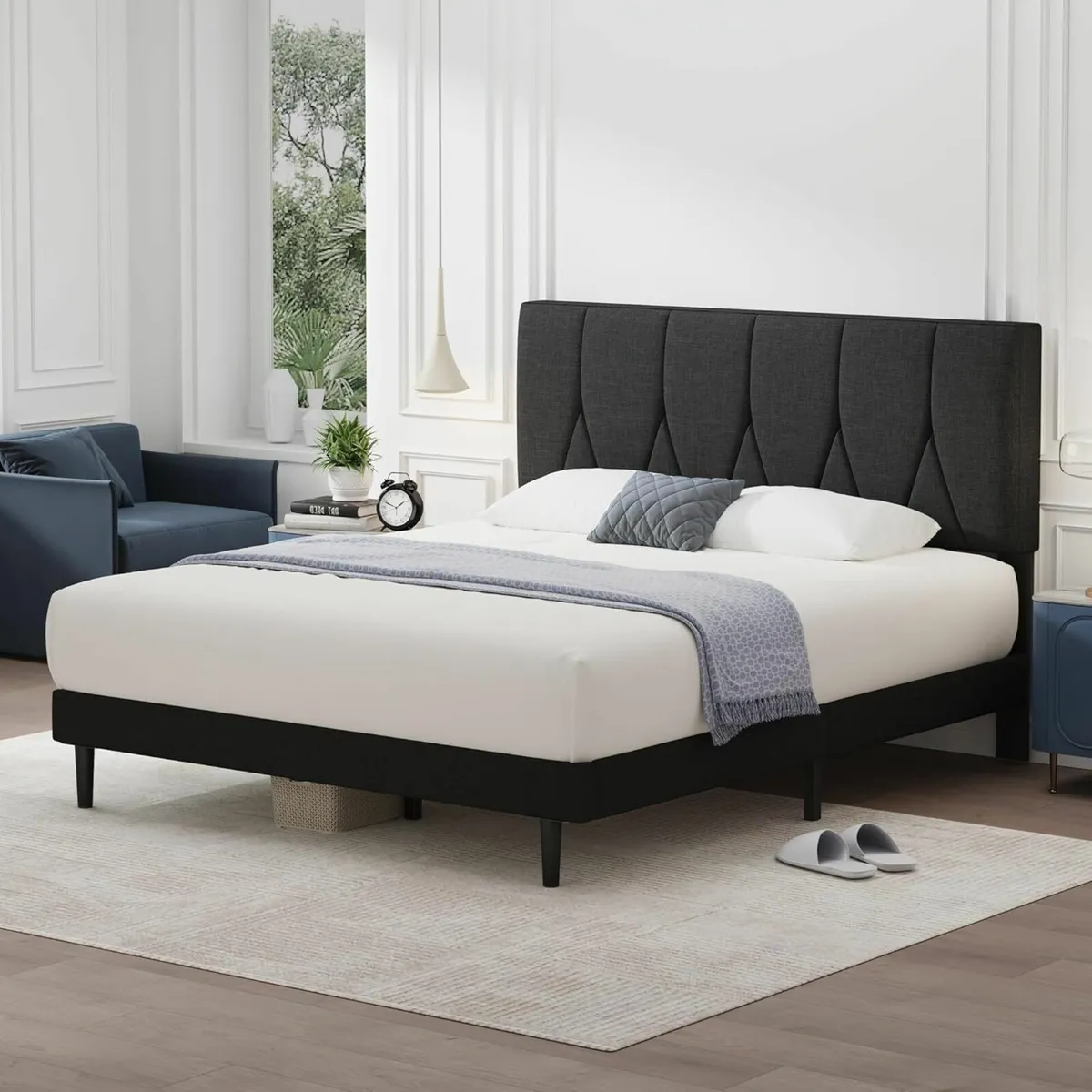 Single Bed Frame Black Upholstered Wooden 90×190cm - Image 1