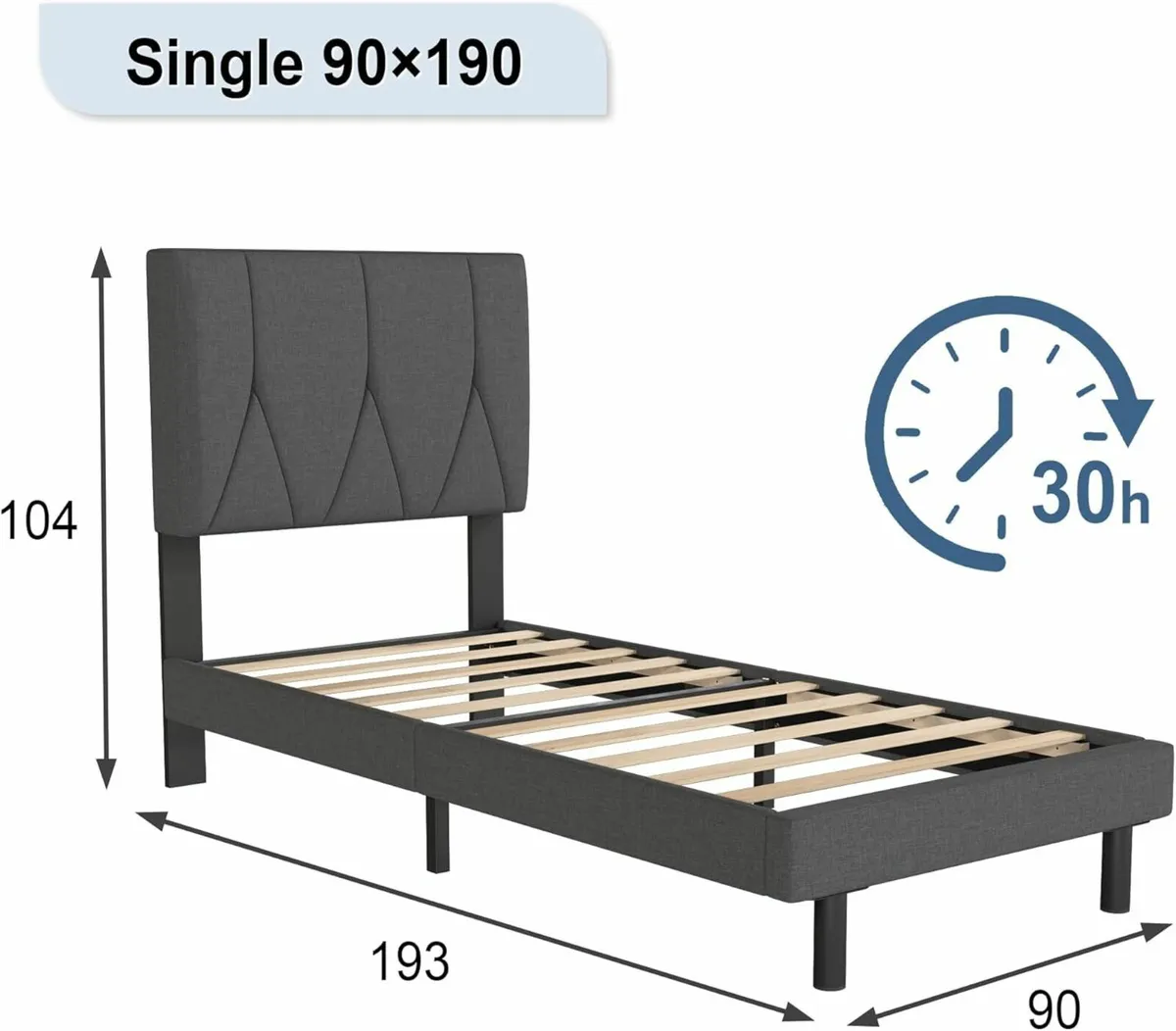 Single Bed Frame Dark Grey Upholstered 90×190cm - Image 2