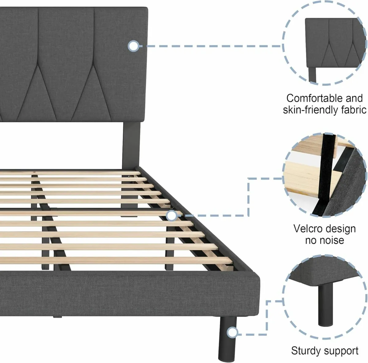 Double Bed Frame Dark Grey Upholstered 135×190 - Image 3