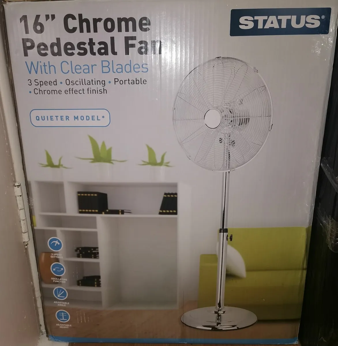 Status 16" Oscillating White Stand Fan