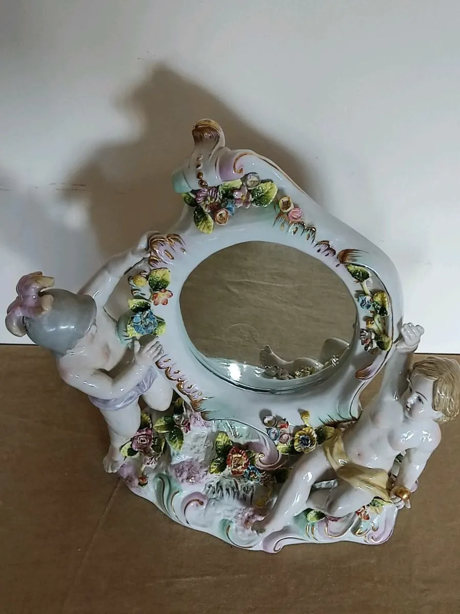 Vintage large table mirror porcelain Cherubs - Image 1