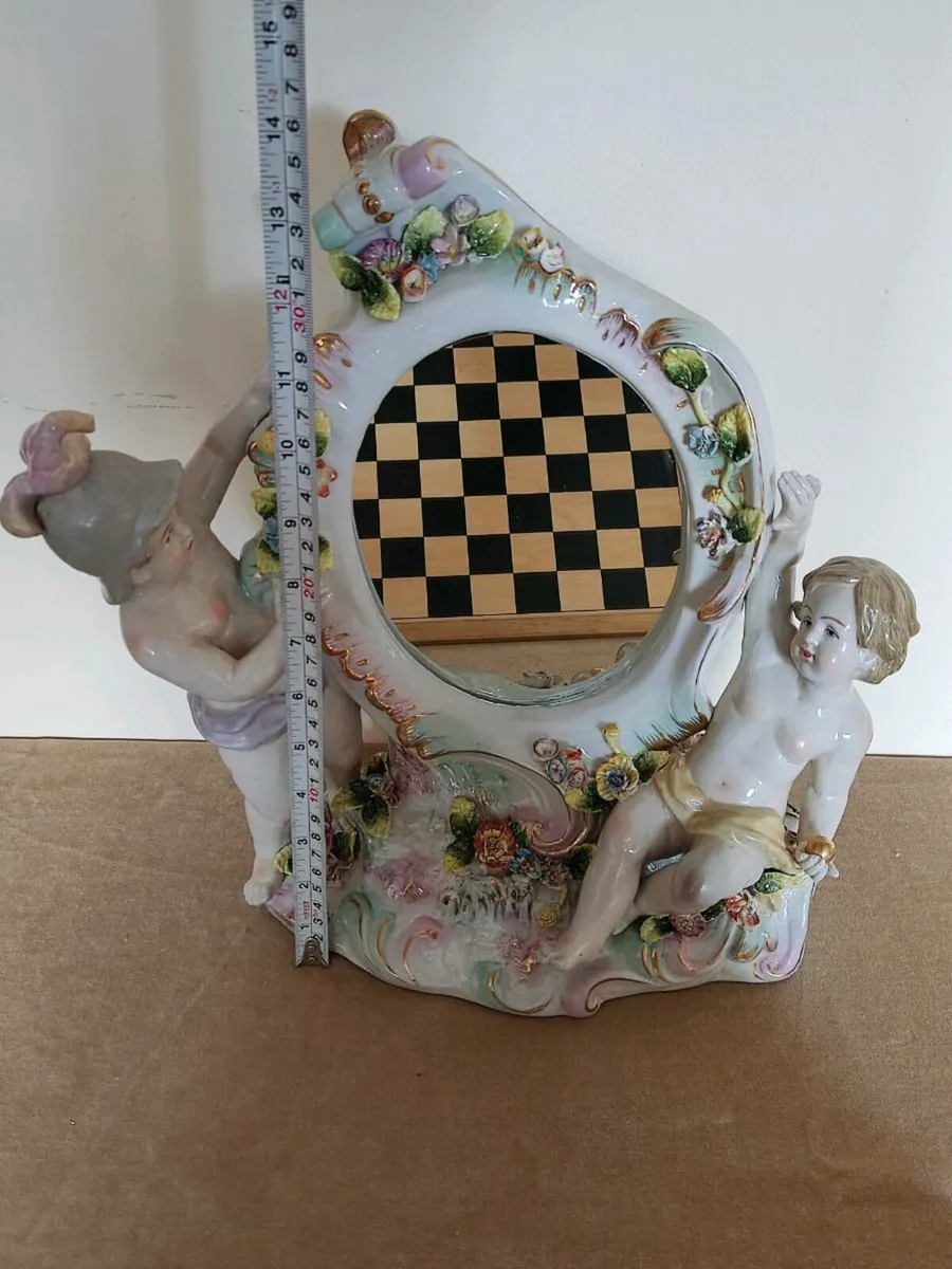 Vintage large table mirror porcelain Cherubs - Image 2