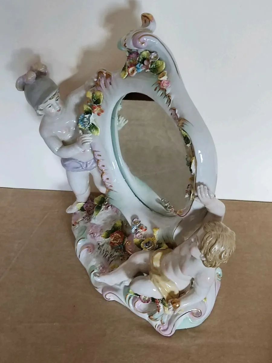 Vintage large table mirror porcelain Cherubs - Image 3