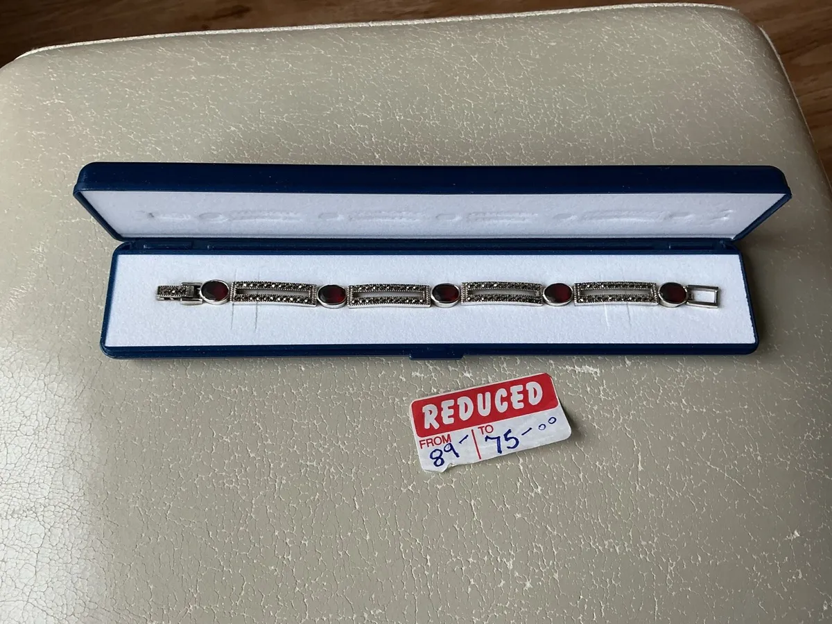 NEW SOLID SILVER RED GARNET & MARCASITE STONE BRAC - Image 1