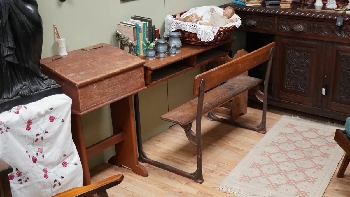 Vintage Two-Seater School Desk & Bench - Image 1