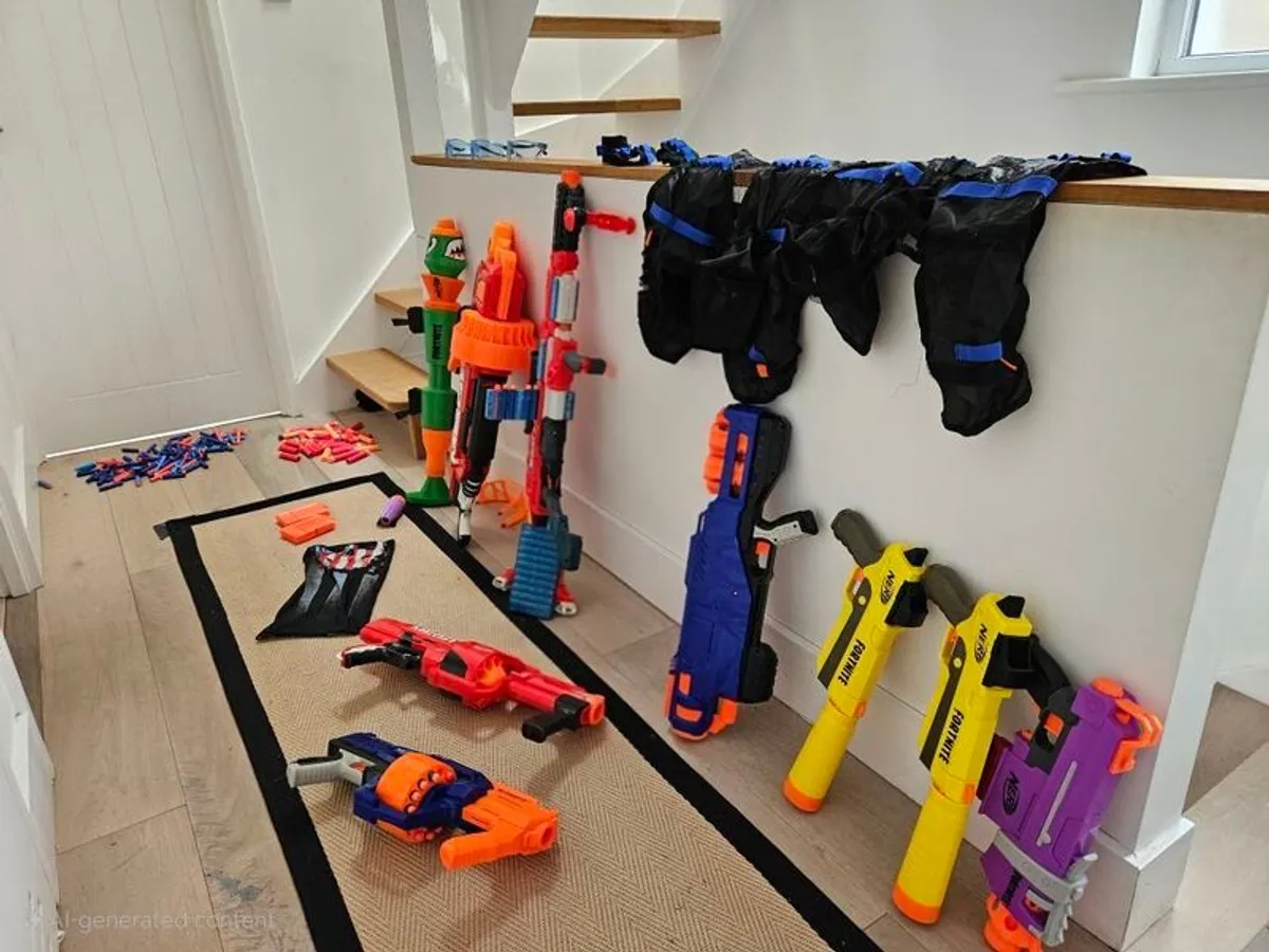 Collection of Nerf Guns, ammunition vests, safety goggles and Fortnite guns. - Image 4
