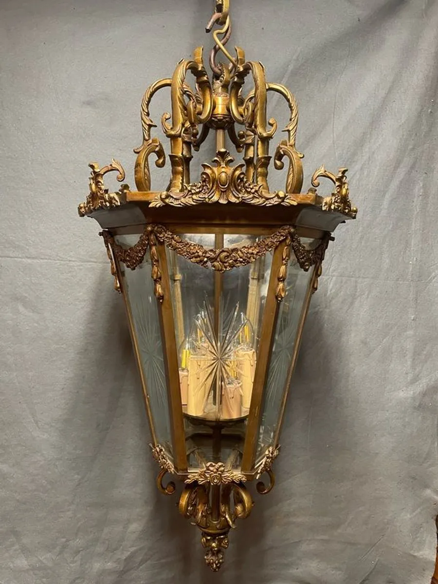 Large French Gilded Bronze Hall Lantern with Beveled Star Cut Glass - Image 1