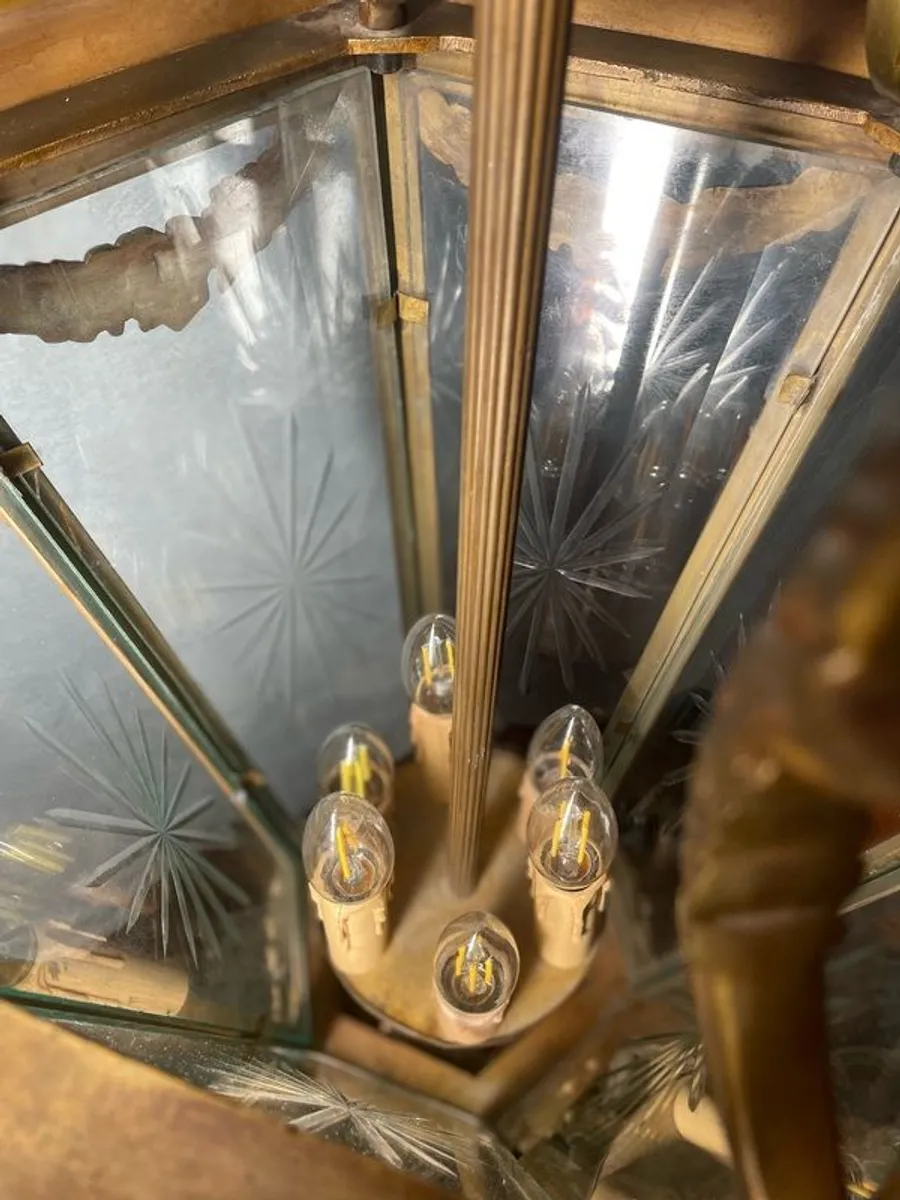 Large French Gilded Bronze Hall Lantern with Beveled Star Cut Glass - Image 3