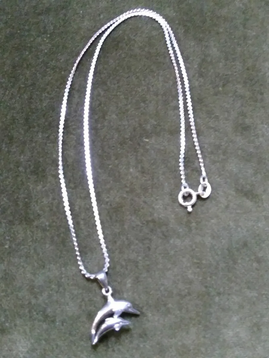 Vintage 925 Silver Twin Dolphins Necklace - Image 2