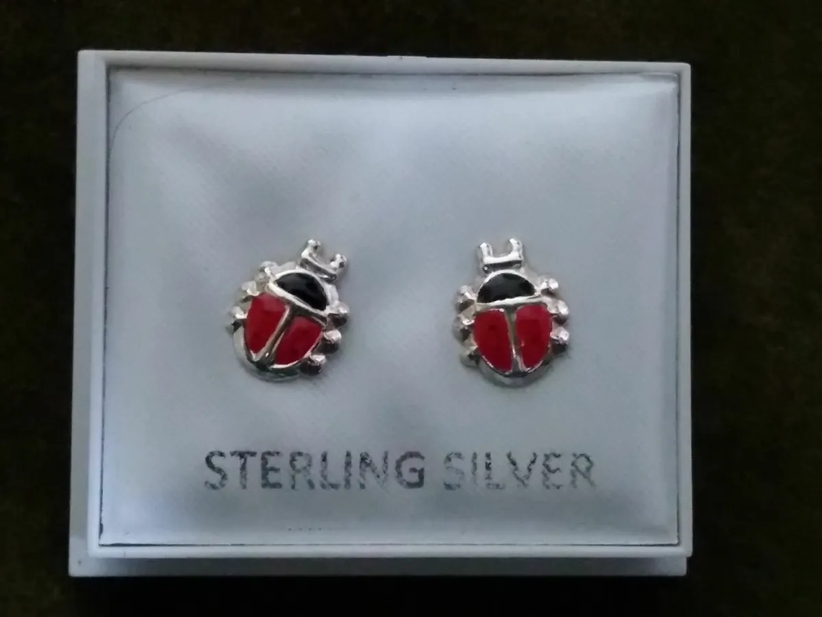 Sterling Silver Ladybird Stud Earrings New - Image 1