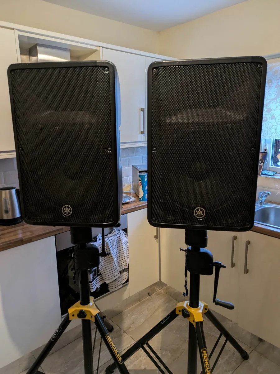 Yamaha DBR 15 Speakers. Hercules Speaker Stands. - Image 1