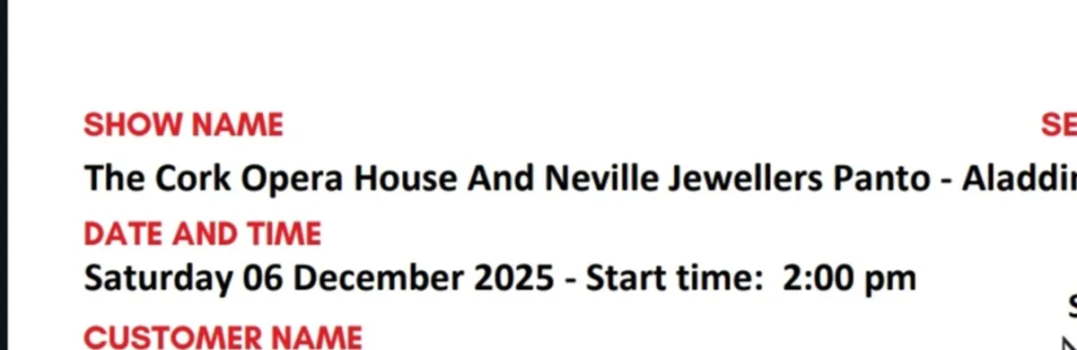 Cork opera house 3 x sold out Aladdin 6th Dec 2pm - Image 2