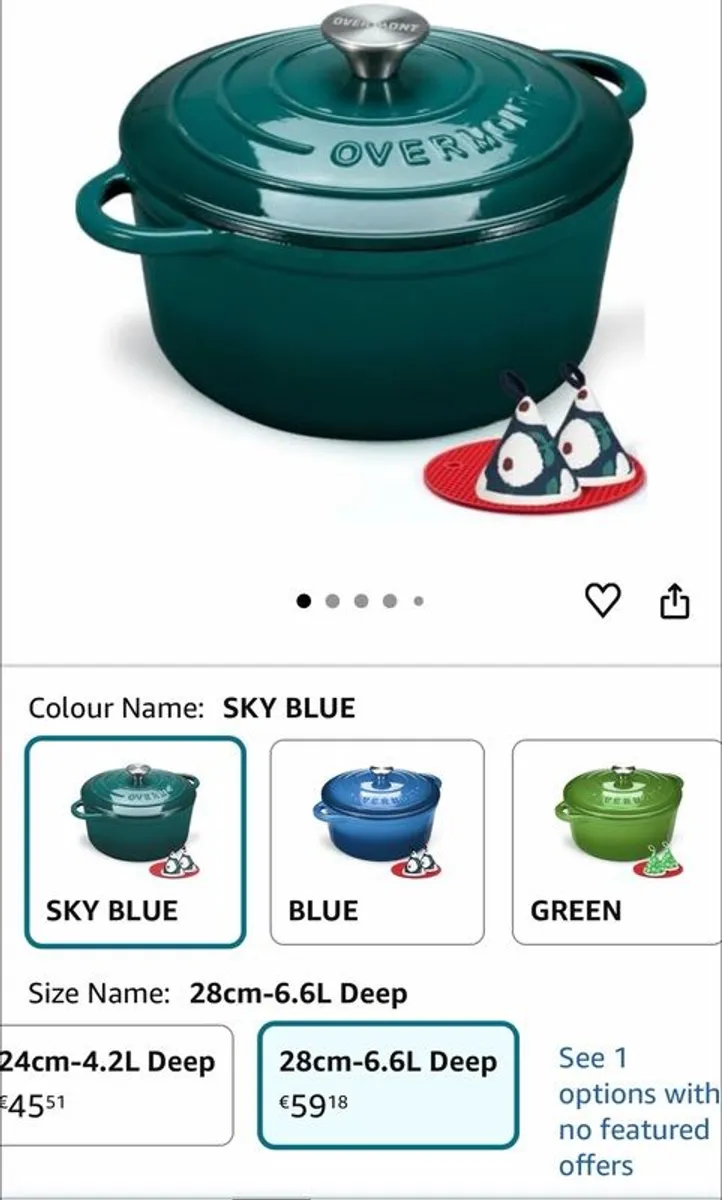 Overmont 6.6L Enamelled Cast Iron Round Casserole Pot With Lid Cookbook & Cotton Potholders - Image 1