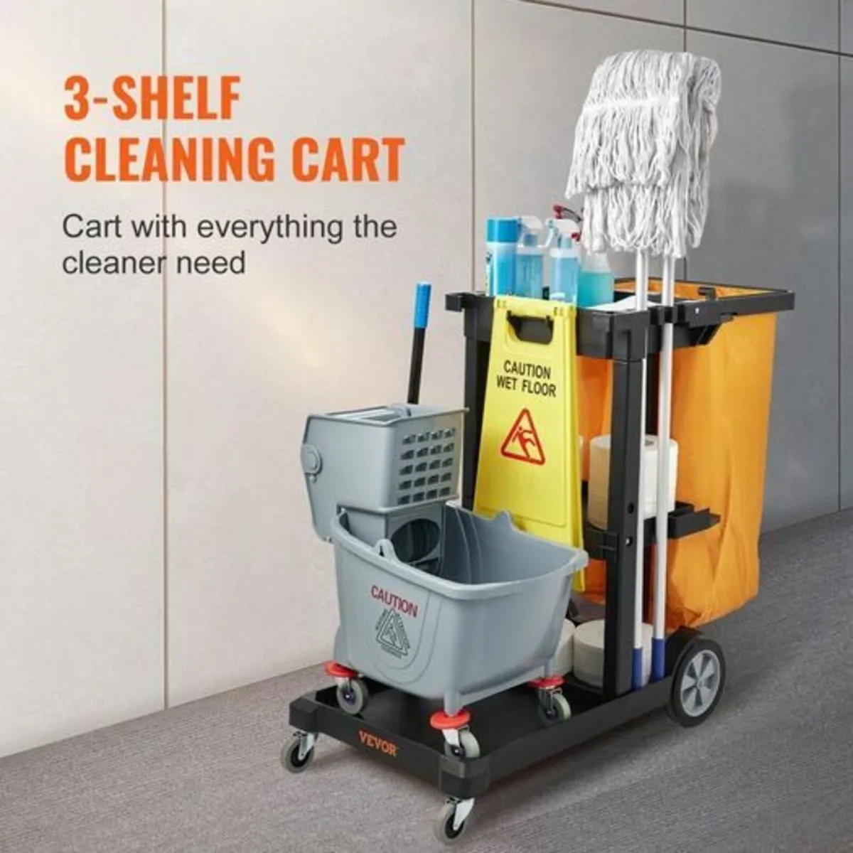 Cleaning Cart, 3-Shelf Commercial Janitorial Cart - Image 2