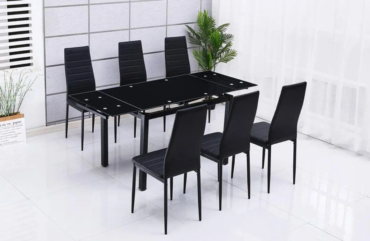 Extendable Glass Dining Table Set with 6 Faux Leather Chairs Black & White Elegant and Modern - Image 2
