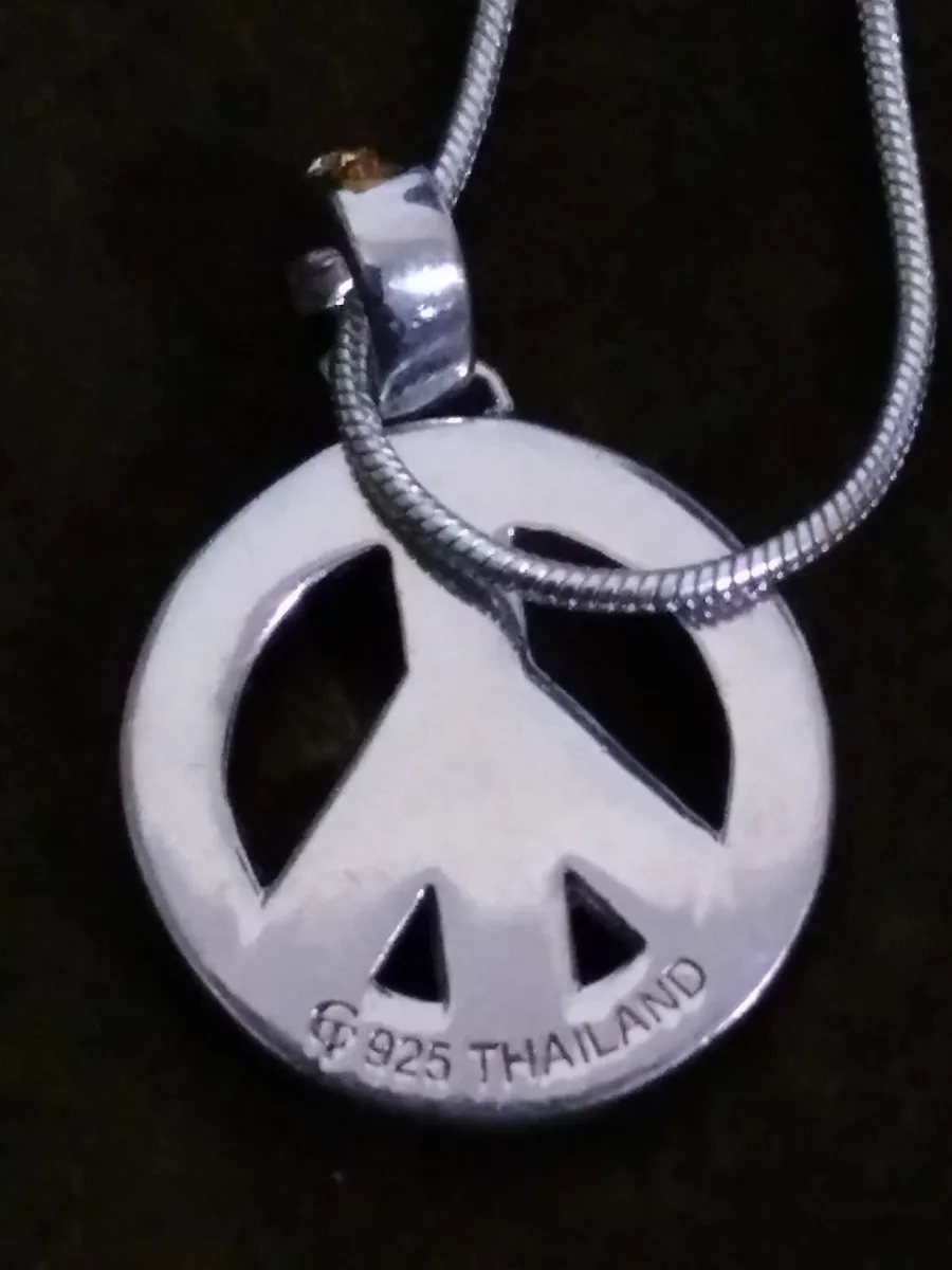Vintage 925 Silver Gem-set Peace Sign Necklace - Image 3