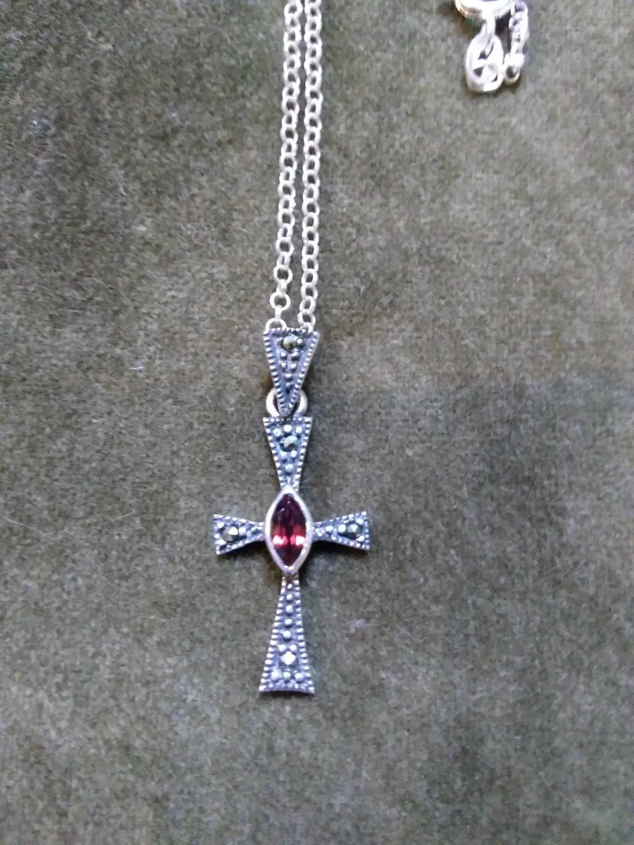 Vintage Silver & Garnet Marcasite Cross Necklace - Image 2