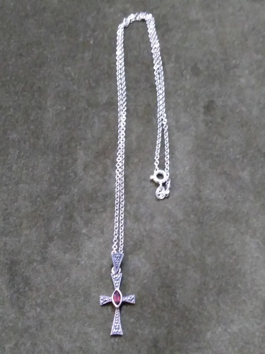 Vintage Silver & Garnet Marcasite Cross Necklace - Image 3