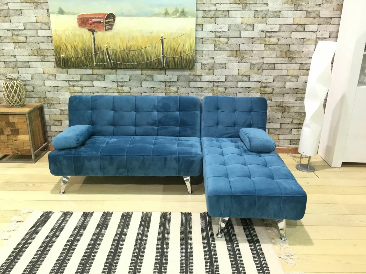 Blue Velvet corner Sofa bed chaise longue 198cm - Image 2