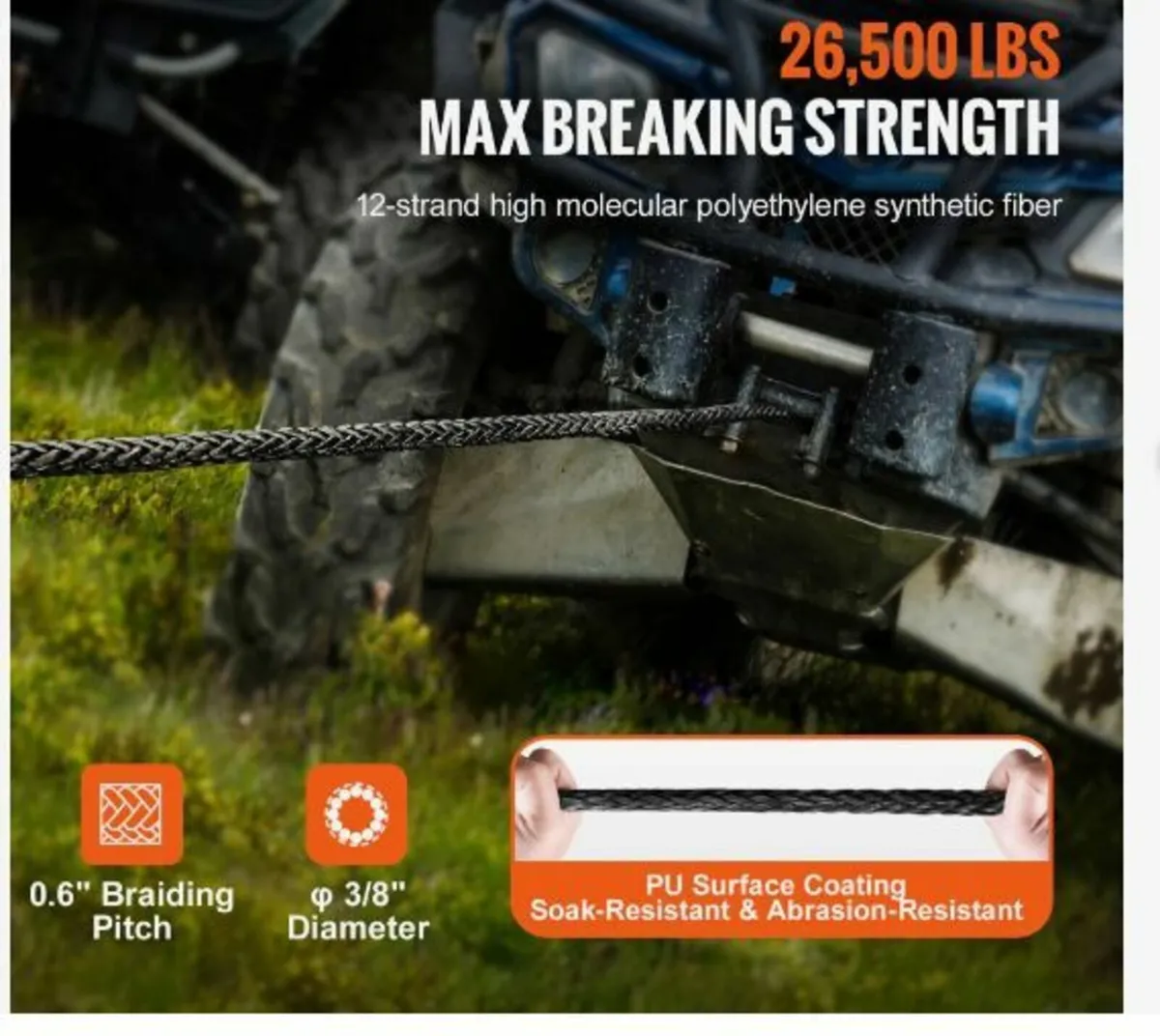 Synthetic Winch Rope, 9.5 mm x 25.91 m - Image 2