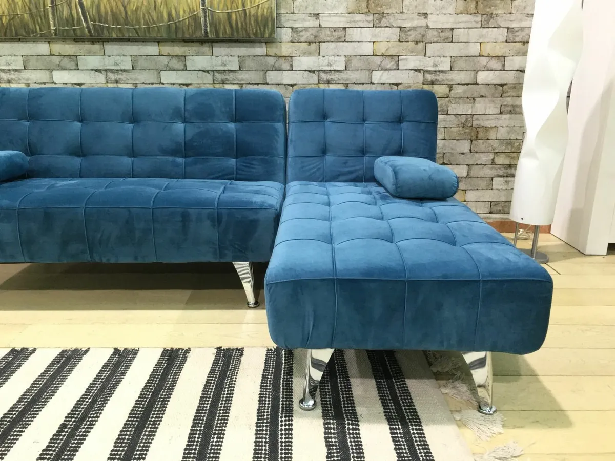 Blue Velvet corner Sofa bed chaise longue 198cm - Image 1