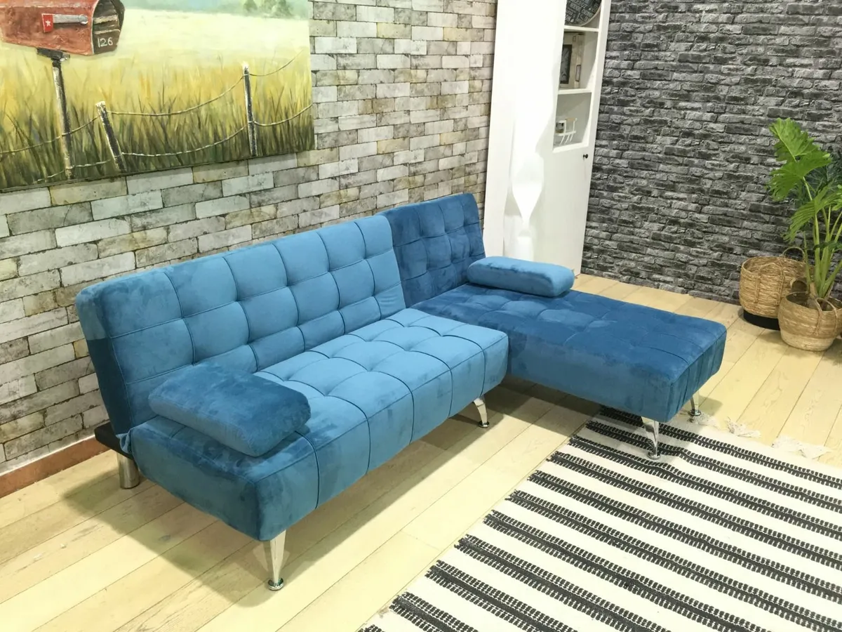 Blue Velvet corner Sofa bed chaise longue 198cm - Image 3