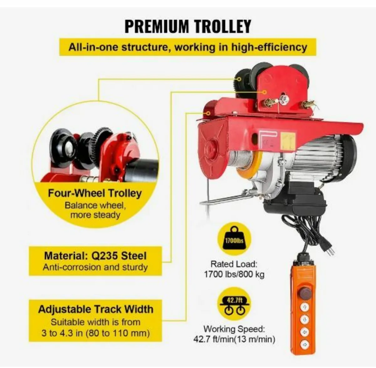 800Kg/1700Lbs Electric Trolley Hoist 1300W - Image 2