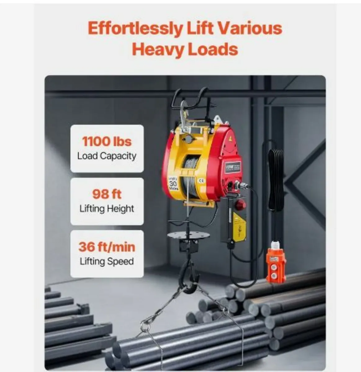 2-in-1 Electric Hoist Winch, 1100 lbs Capacity - Image 2