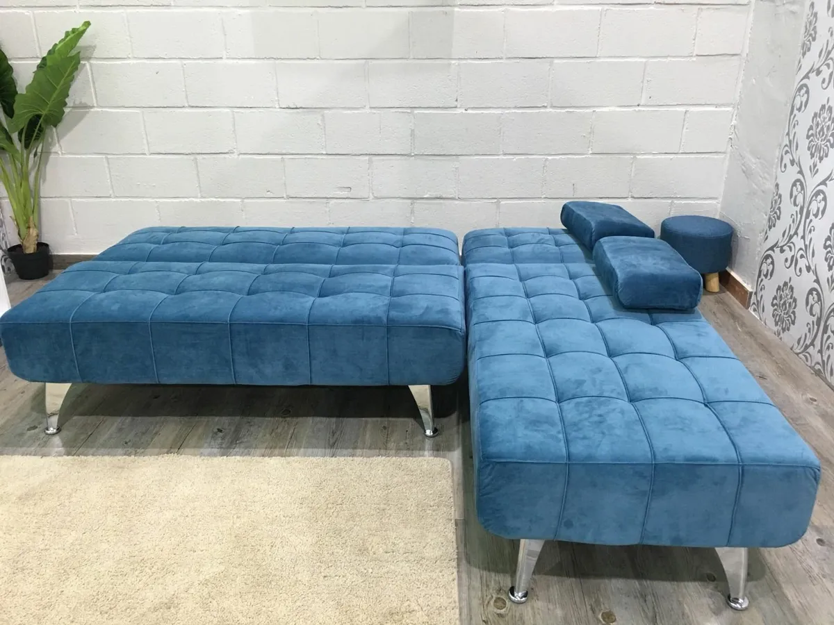 Blue Velvet corner Sofa bed chaise longue 198cm - Image 2
