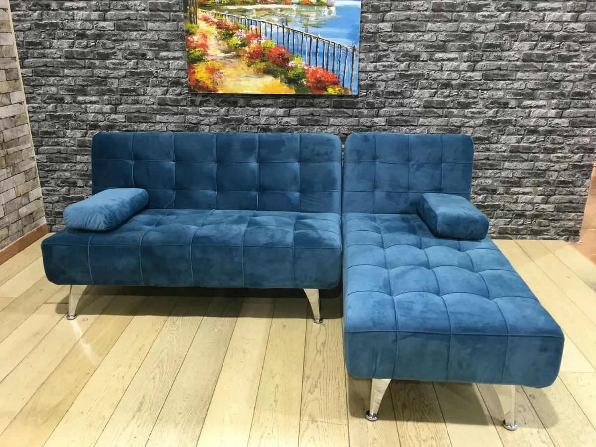Blue Velvet corner Sofa bed chaise longue 198cm - Image 1