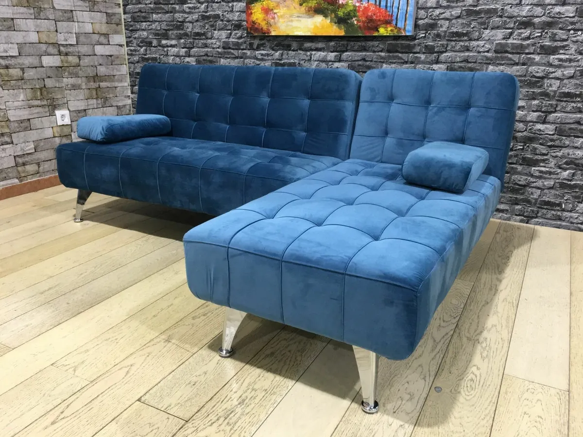 Blue Velvet corner Sofa bed chaise longue 198cm - Image 3