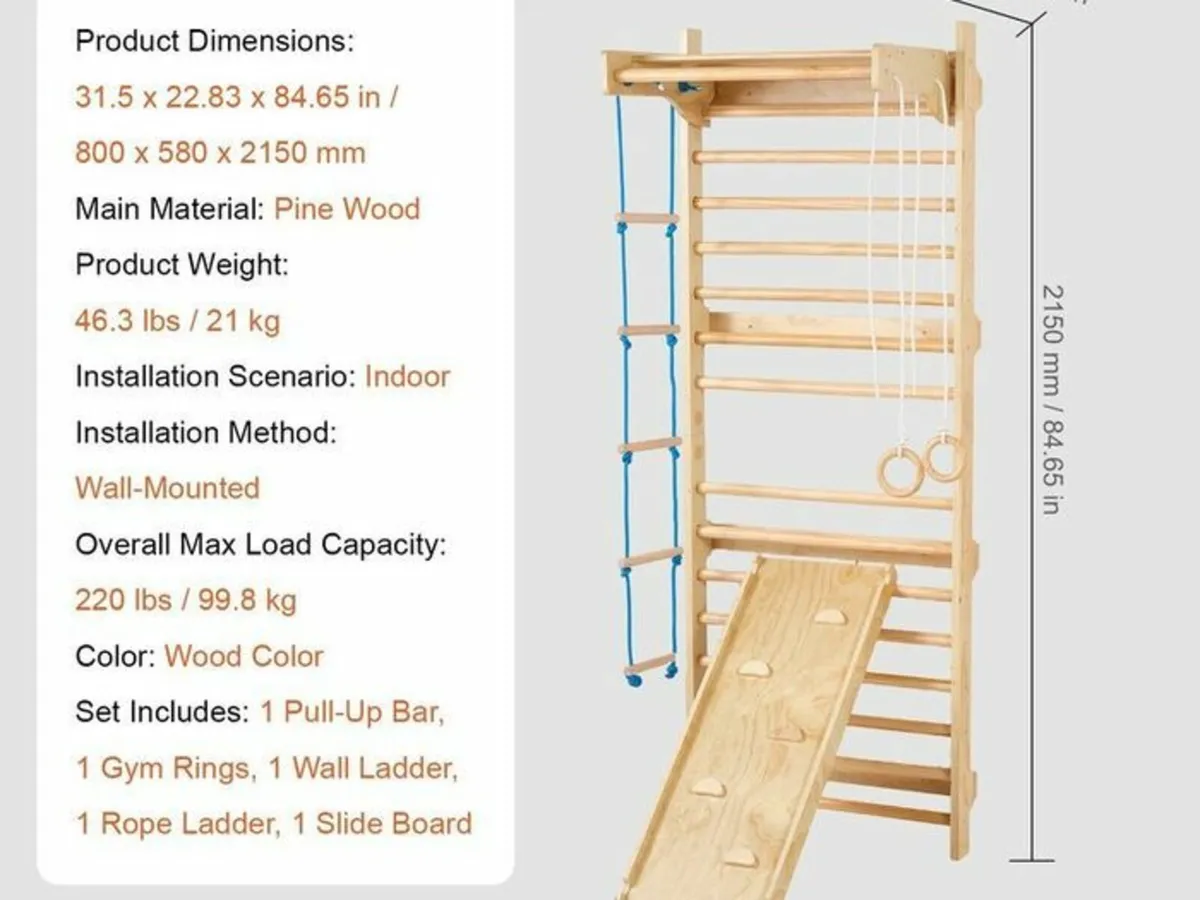 Swedish Ladder Wall Gym 5 in 1 Wooden Indoor Playg - Image 2