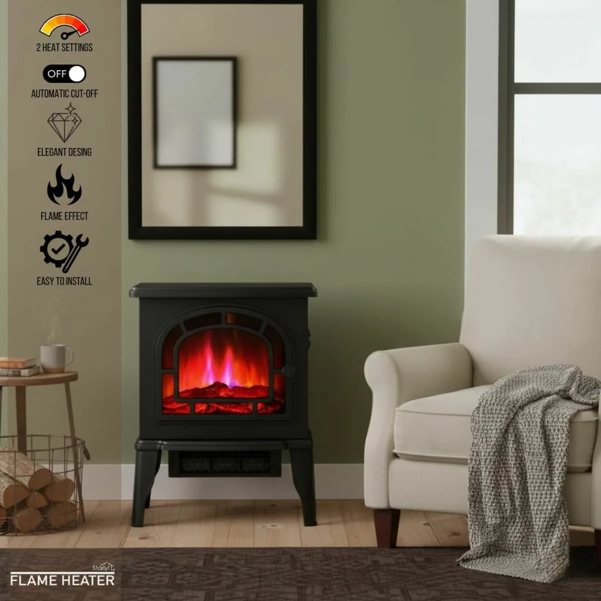 Electric Fireplace Heater Realistic Flame Effect - Image 2