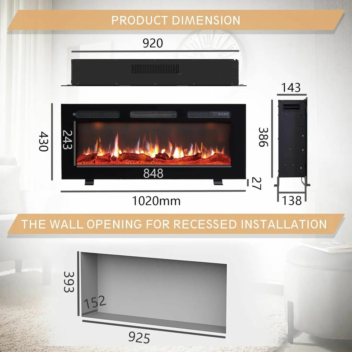 40"/102cm Electric Flame Fireplace Wall Mounted - Image 4