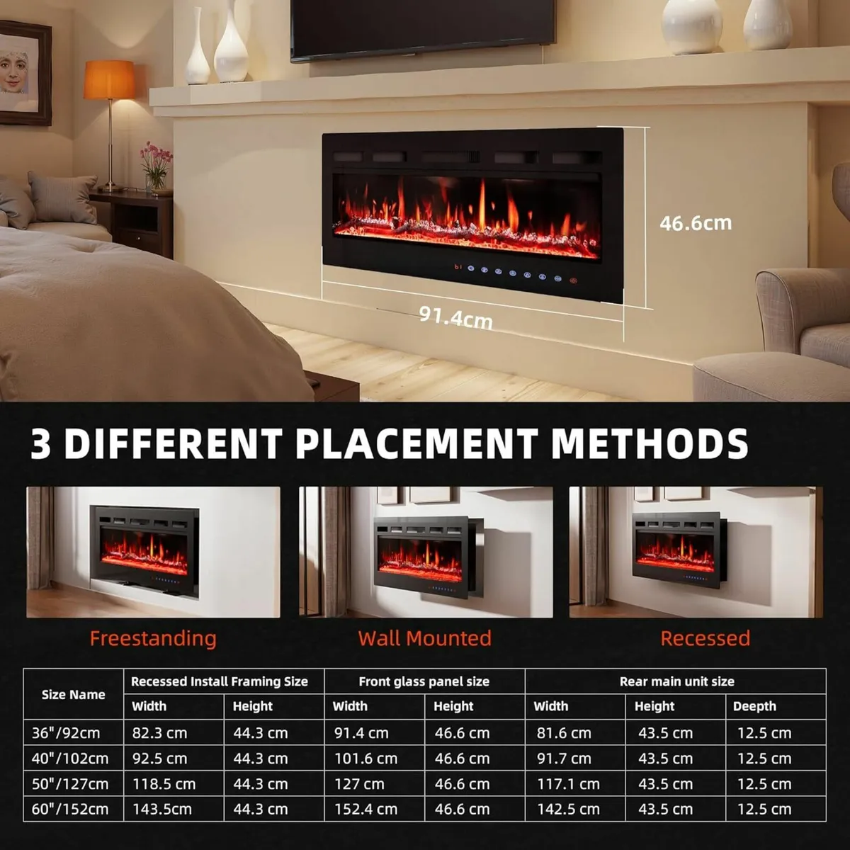 40"/102cm Electric Fireplace 12 Color Flame - Image 2