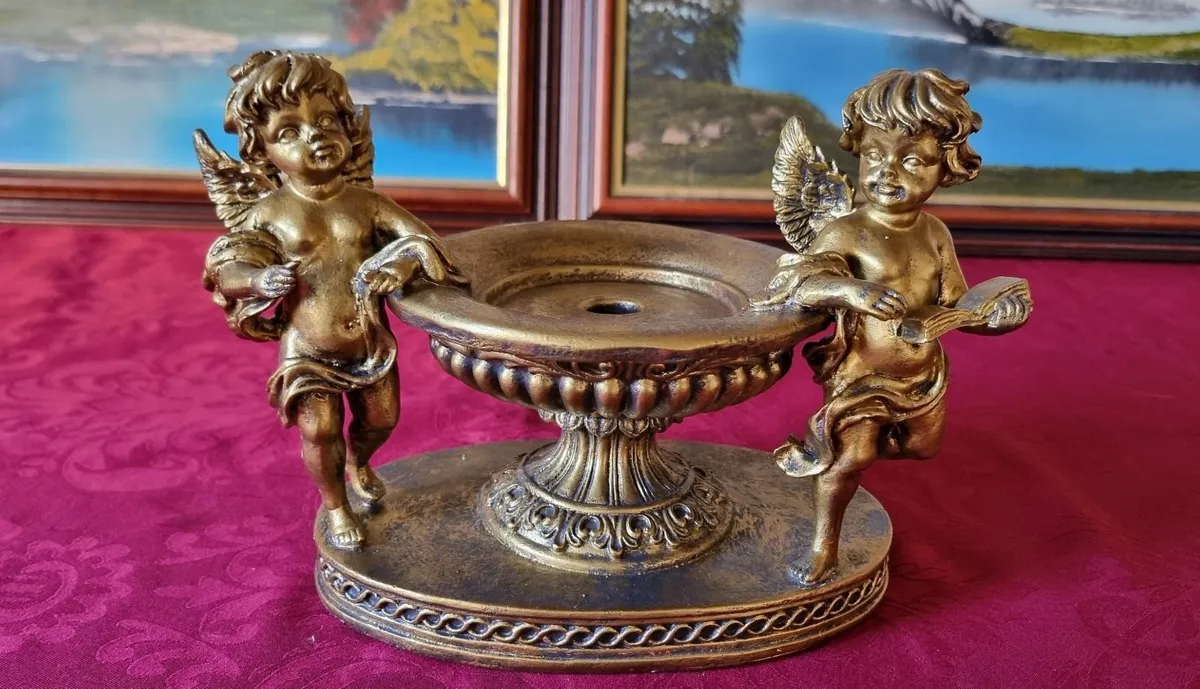 Cherub Golden Pedestal Candle Holder Made In Spain - Image 1