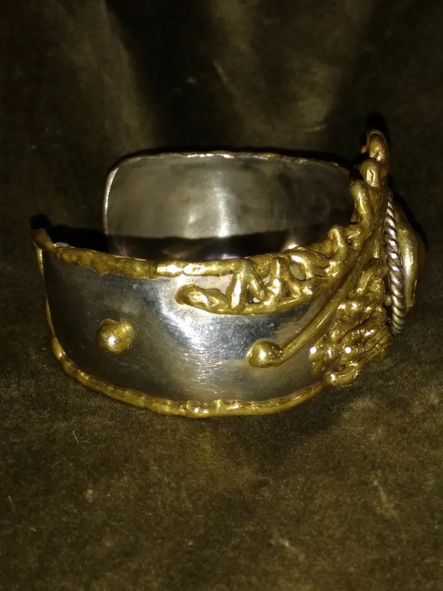 Vintage Sterling Silver, Brass, Copper Cuff Bangle - Image 3