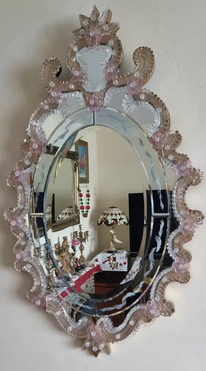 Italian Murano Glass Pink Flowers Venetian Mirror - Image 3