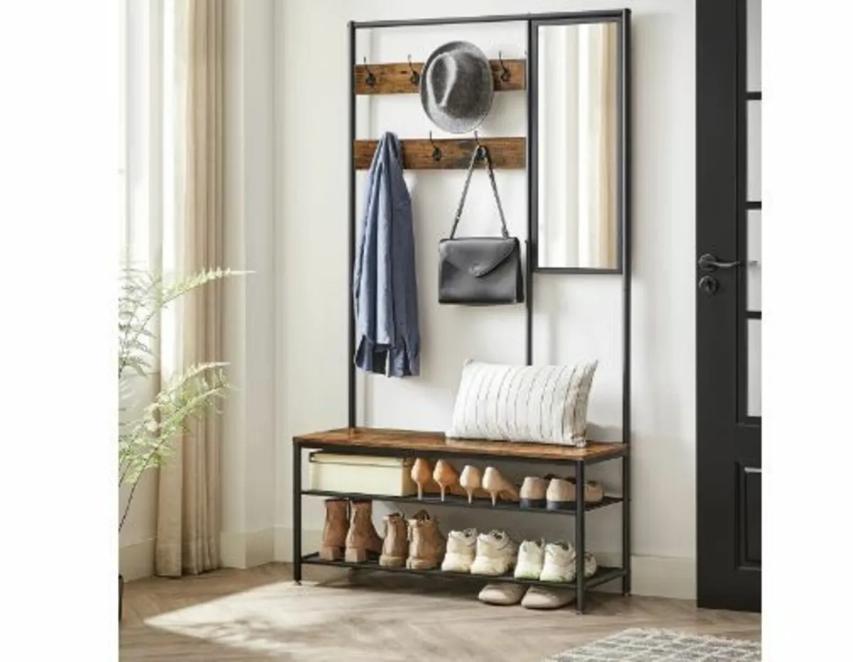 Coat Rack with Hooks Mirror Bench - Image 3