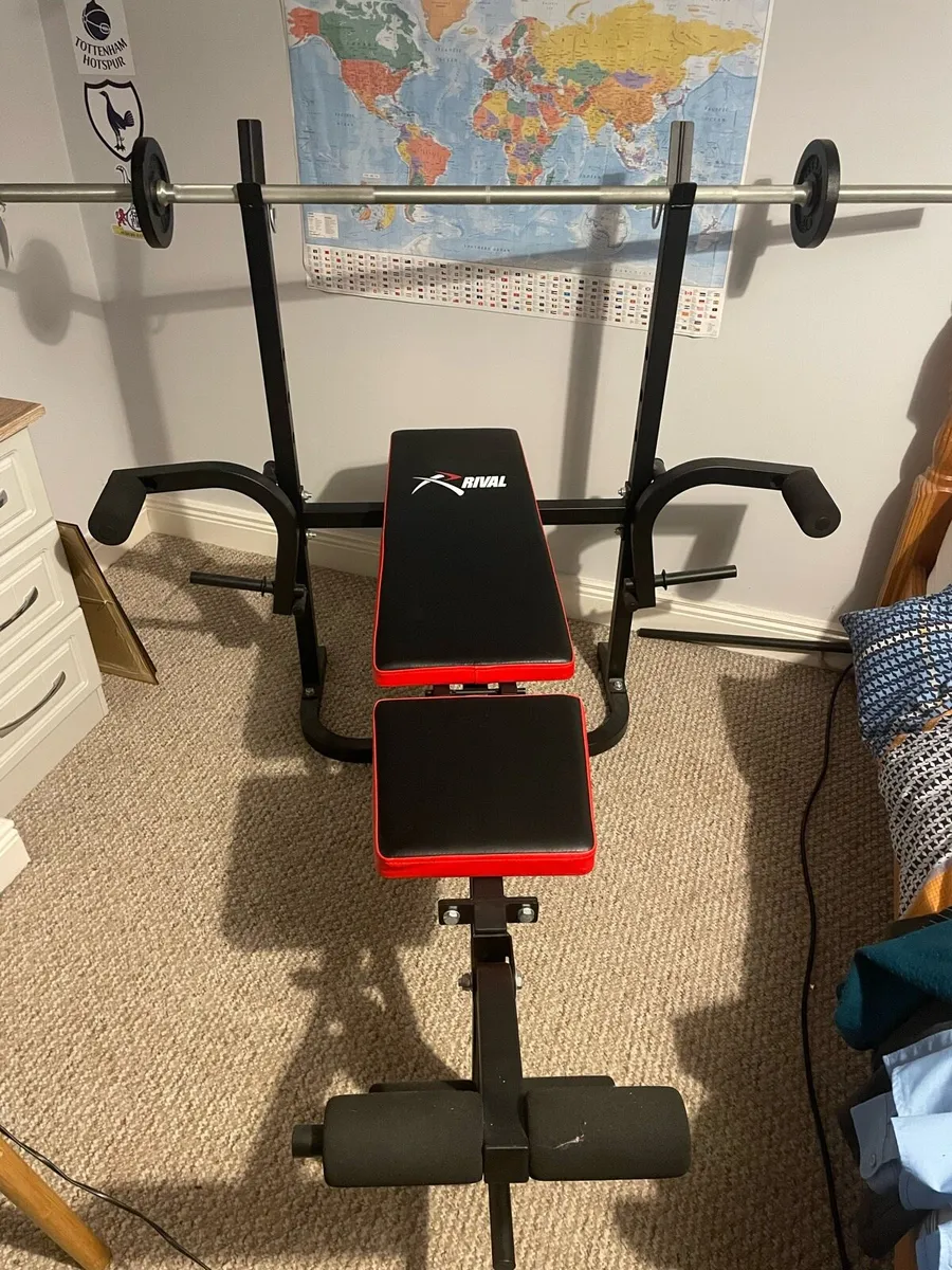 Bench press gym set with plates and dumbbells. - Image 1