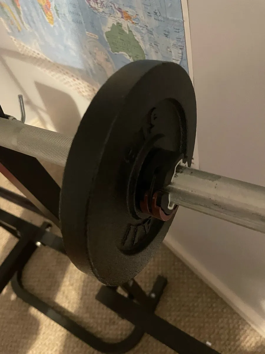 Bench press gym set with plates and dumbbells. - Image 4